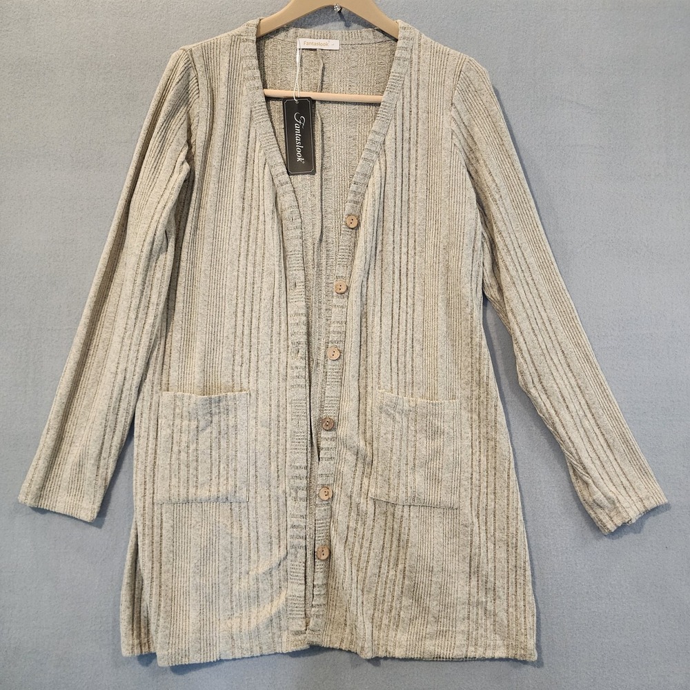 Fantaslook Women's Beige Ribbed Long Cardigan Sweater Duster Button Front...